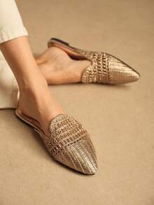 Rosivie صندل جديد بتصميم فريد مصنوع من نسيج مجدول مفرغ بنعل مسطح وأصبع قدم مدبب، أحذية نسائية منفذة للهواء - الذهبي - مشاهدة 5