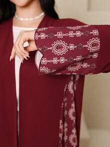 Al Najma Women's Graphic Print V-Neck Elegant Long Sleeve Arabic Abaya Red Veiled Robe, Printed Veiled Robe, Veiled Robe With Curved Cuffs - Red - View 6