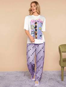 FRIENDS X SHEIN Women Casual Character Portrait & Letter Print White Loose Top & Logo Letter Print Loose Pants Pajama Set - Purple - View 3