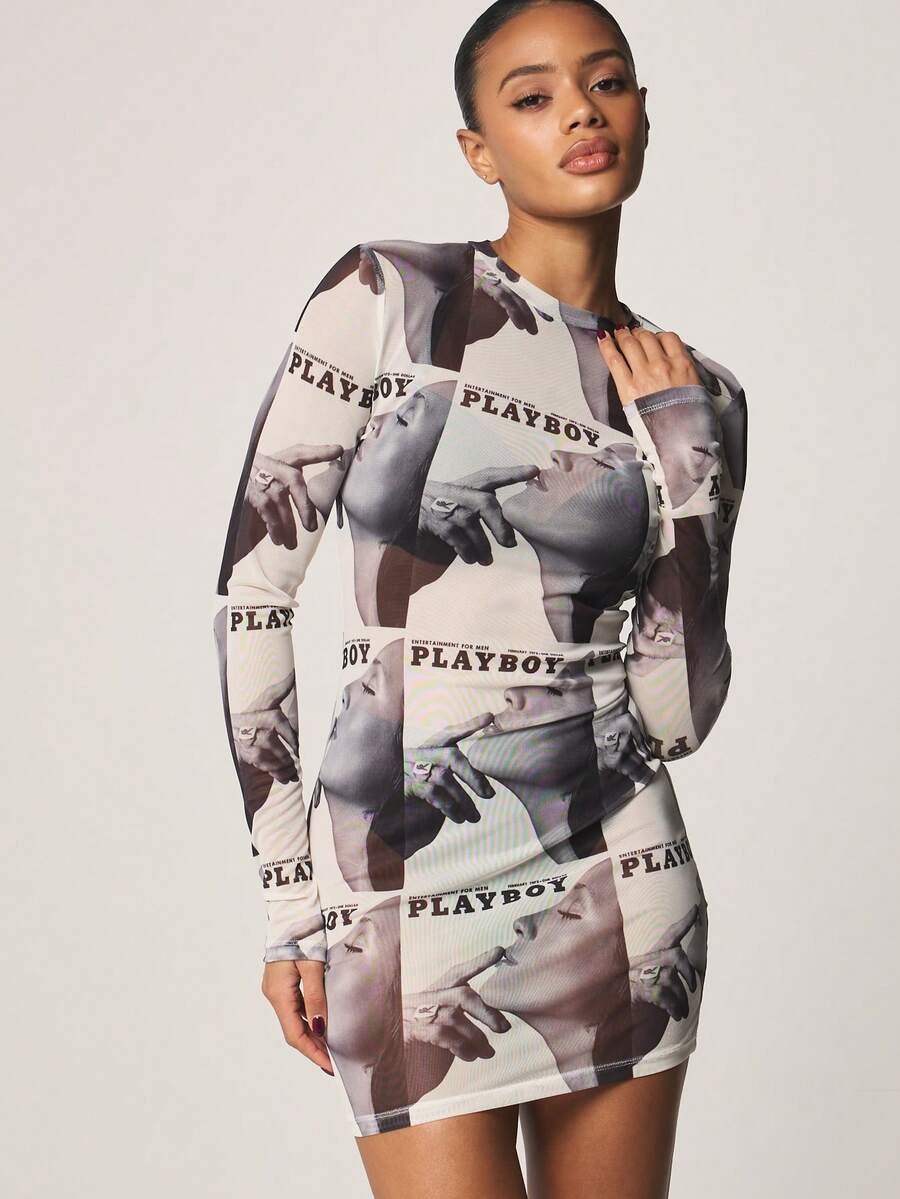 Missguided x Playboy Đầm ngắn tay dài bằng vải lưới in họa tiết bìa tạp chí. - Nhiều màu - Xem 1