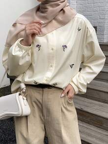 Mulvari Áo sơ mi dài tay thêu hoa dành cho nữ - Màu Hồng baby - Xem 7