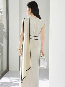 Heiryn Nuevo vestido asimétrico de alta gama con contraste de color y lazo envolvente al estilo coreano - Caqui - Ver 7