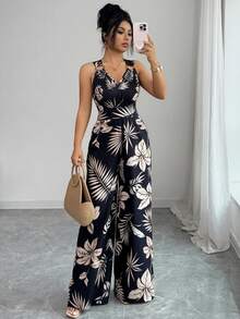 Rafferiza Bộ jumpsuit kaki dáng suông, cổ chữ V, hở lưng, in họa tiết lá cây, cổ xếp ly, màu kaki, thích hợp cho kỳ nghỉ hè, dành cho nữ. - Nhiều màu - Xem 6