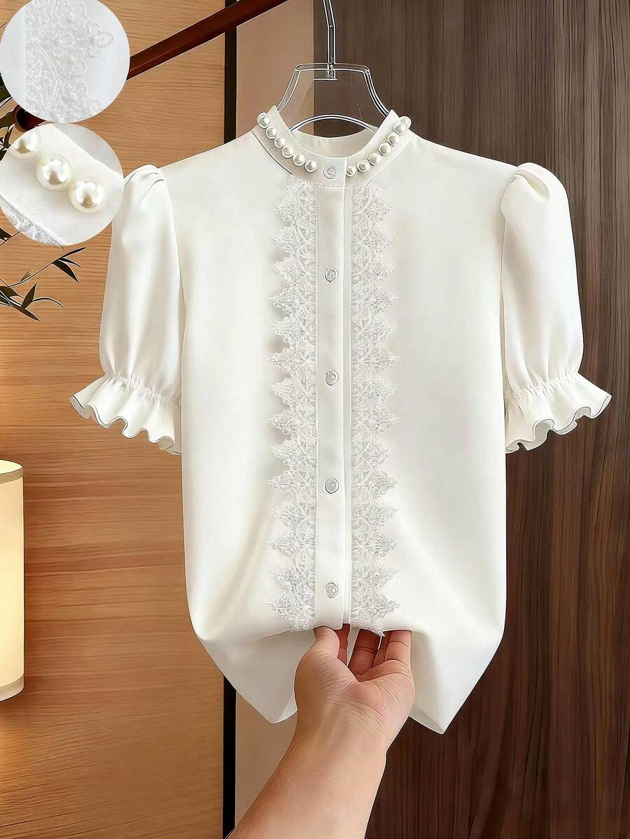 Franclia Women's White Collar Pearl Decor Splice Lace Puff Sleeve Casual Blouse, Suitable For Daily Commute, Outing, Afternoon Tea, Date, Vacation White Blouse Elegant Lace White Top White Elegant Top Ruffle Blouse Lace Shirts