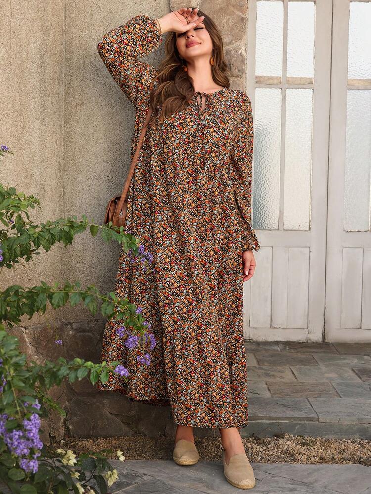 Plus Size Women's Spring/Autumn Ditsy Floral Twist Collar Lantern Sleeve Loose Dress, Floral Dress,Vacation Style Summer Outfits For Women Spring Break Outfits Valentine's Day Outfit Beach Outfit For Women Birthday Outfits For Women Elegant Dress Women Holiday Outfits For Women 2026 New Clothes,Simple And Fashionable For Everyday Wear, Plus Size Winter Clothes,Comfortable And Breathable,New Year Clothes,Date Night Outfits Women  Elegant Dress Women,Vacation Outfits Women ,Holiday Outfits For Wom