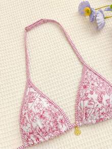 SHEIN Teen Girls Vintage Floral Print Spaghetti Strap Bikini Set Apricot Knitted Texture Shell Decoration Halter Neck Stitch Halter Triangle Bikini Set Summer Beach Outfit Bathing Suit