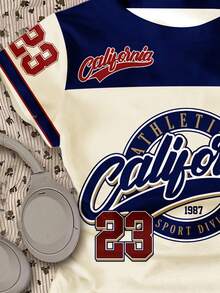 SHEIN Tween Girls' Casual Knit Crew Neck Ruched Retro Collegiate Sporty #23 Graphic Short Sleeve T-Shirt, Suitable For Summer, Back To School - Multicolor - View 3