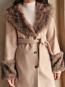 SHEIN 女童休闲保暖毛绒领系带中长款毛绒外套，时尚日常穿着，秋冬 - 杏色 - 查看 5