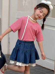 DAZY 女童圆领条纹短袖休闲T恤，秋季服装