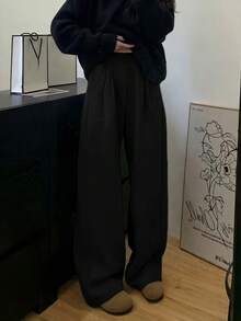 SHEIN 女士黑色弹力腰褶皱口袋宽松休闲直筒裤 - 黑色 - 查看 4