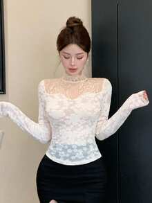 DAZY Women's Fuzzy Lace Patchwork Long Sleeve T-Shirt, Suitable For Autumn/Winter, Party, Back To School Spring - Beige - View 9