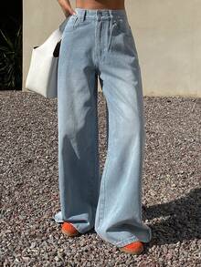 Livesso Women's High Waist Pocketed Wide Leg Loose Casual Versatile Jeans - Blue - View 5