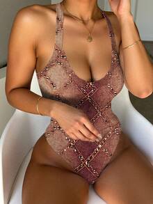 Rovax Women's Fashionable Rhombus Print Sleeveless Bodysuit, Summer - Multicolor - View 4