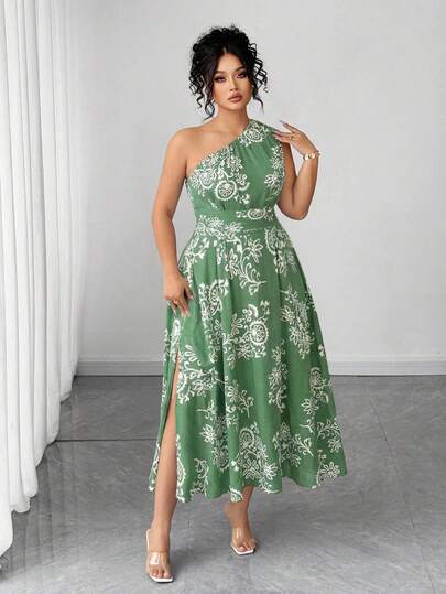 Elenzga Vestido de línea A con un solo hombro, de tela de textura suave de bambú, con estampado floral y que estiliza la cintura, para mujer de talla grande, color verde, adecuado para citas, fiestas, reuniones, graduaciones, vacaciones, San Valentín, festivales de música, Día de la Madre, Halloween, Acción de Gracias, Pascua, Día Nacional, bailes, salidas, bodas y talla grande en primavera/verano