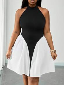 Truni Plus Size Women's Elegant Black And White Patchwork Halter Neck A-Line Dress, Summer Off-Shoulder Ruffle Waist Loose Club Dress For Party Date - Multicolor - View 8