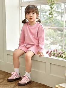 SHEIN Genkimix Kids Bộ 2 áo nỉ cổ tròn tay dài trang trí nơ màu mơ và quần ống loe kaki cho bé gái, trang phục thường ngày thời trang cho mùa xuân/thu - Hồng - Xem 6