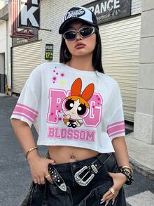 THE POWERPUFF GIRLS X SHEIN Plus Size Women Casual Everyday Commute Fashion Street Cartoon Letter Print Loose Fit T-Shirt - White - View 5