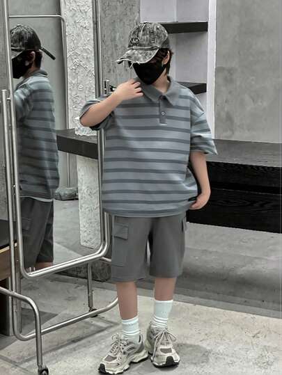 Vacaura 2 st/set tonårspojkar sommar randig mönstrad kortärmad pikétröja och avslappnade shorts, moderiktiga och mångsidiga