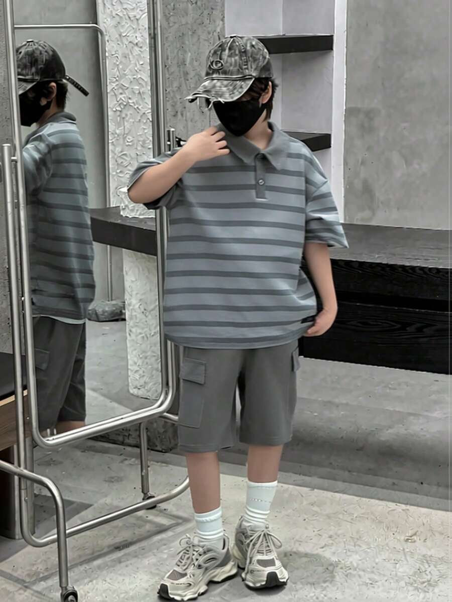 Vacaura 2pcs/Set Teenage Boys' Summer Striped Print Short Sleeve Polo Shirt And Casual Shorts, Fashionable And Versatile