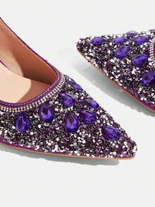 CUCCOO TILAWA Giày cao gót mũi nhọn màu bạc thời trang, thanh lịch dành cho nữ, đính pha lê lấp lánh, gót bất đối xứng, thích hợp cho tiệc tùng, liên hoan và các dịp khác. - Màu tím - Xem 5