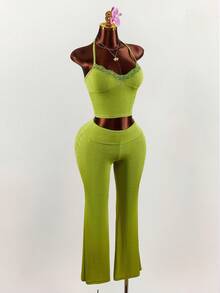 Amplova Women's Halter Lace Patchwork Top And Flared Pants Two Pieces Set, Sexy V-Neck Green - Green - View 5