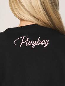 Missguided x Playboy Bunny Kisses Christmas Wishes Graphic Tee Short Sleeve Crew Neck Cotton Blend Holiday Print Top - Black - View 5