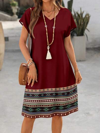 EMERY ROSE Vestido de manga corta de longitud media para mujer con estilo minimalista casual, en patchwork rojo con estampado geométrico retro, adecuado para primavera y verano