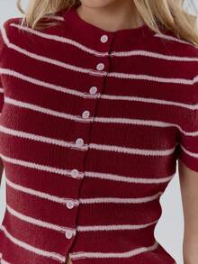MUSERA 条纹罗纹针织纽扣修身短袖上衣，舒适可爱休闲，适合咖啡馆、俱乐部、冬季、优雅晚宴、情人节、春夏等场合。 - 酒紅色 - 查看 6