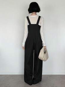 FRIFUL 女士可调节肩带纯色连体裤 - 黑色 - 查看 4
