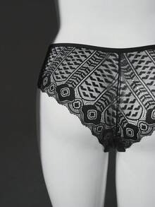 Seduluxe 1 Peça Calcinha Sexy de Renda com Laço Decorativo para Mulheres Plus Size - Preto - Visão 8
