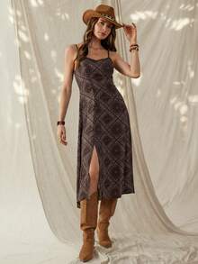 Wildy Vacation Beach Full Print Slit Strap Dress - Red - View 4