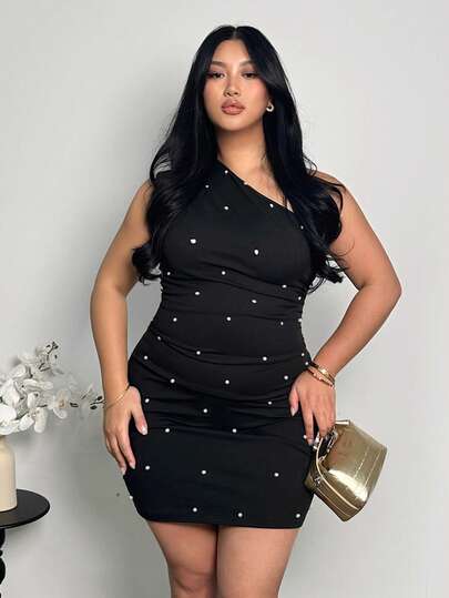 Firerie Plus Size Casual Elegant Vacation Versatile Minimalist Daily One Shoulder One Shoulder Pearl Studded Ruched Bodycon Sexy Slim Fit Mini Dress, Spring/Summer