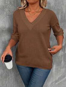 EMERY ROSE Women's Plus Size Casual V-Neck Long Sleeve T-Shirt, Brown, Autumn Fall - Multicolor - View 5