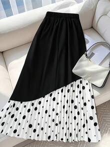 Linhara 大码女式波点褶裥拼接黑色时尚中长裙 - 黑與白 - 查看 2