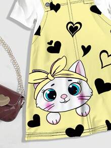 可爱黄色爱心猫咪印花，女婴休闲宽松卡通图案圆领短袖连衣裙，适合夏季穿着 - 彩色 - 查看 3
