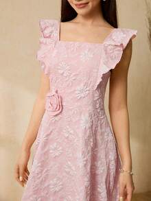 Teen Girl Floral 3D Embossed Ruffle Hem Fashion Dress - Pink - View 6
