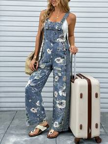 SHEIN Holidaya Women's Sleeveless Square Neck Floral Print Denim Jumpsuit - Blue - View 6
