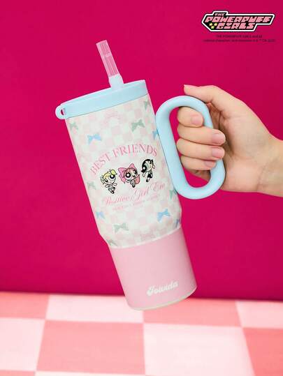 THE POWERPUFF GIRLS X Joivida 24盎司不锈钢保温水瓶/咖啡杯，带把手和吸管，防漏，保温（可保持饮品冷热）