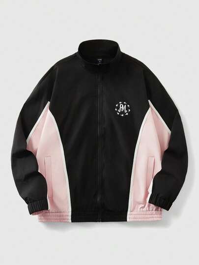 Street Life Giacca casual da uomo con chiusura lampo, stampa a contrasto di lettere, adatta per l'autunno