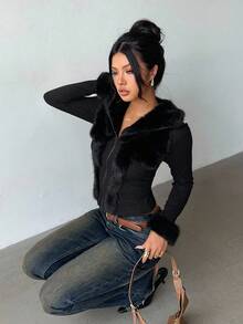 Aloruh 女士秋冬外套，仿毛领拼接设计，复古Y2K时尚外套 - 黑色 - 查看 6