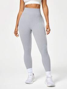 Seamluxe SHEIN Sport سراويل ضيقة نسائية ذات خصر عالي، قطنية مريحة وبتصميم مخطط - رمادي - مشاهدة 6