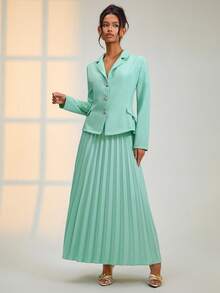 EURMUSE Belt Detailed Pleated Skirt And Blazer Elegant Set - Mint Green - View 9