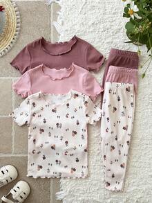 LMoss Kids 6件套女婴可爱碎花弹力针织短袖连体衣套装 - 彩色 - 查看 4