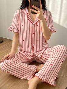 女童时尚可爱条纹爱心印花泡泡绉面料短袖上衣和裤子睡衣套装 - 紅色 - 查看 5