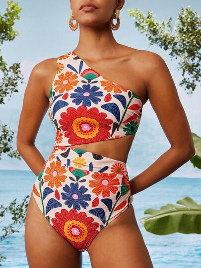 Travachic Women's Colorful Floral Pattern Casual Hollow Out One-Piece Beachwear,Beach,Beach Outfits For Women,Beach Set,Going Out,Vacation,Vacation Outfits Women,Holiday,Summer,Summer Clothes,Summer Outfits For Women,Valentine's Day,Carnival,Carnival Costume,Party ,Going Out,Going Out Outfits,Casual,Elegant,Y2k,Flower,White,Red ,Pink