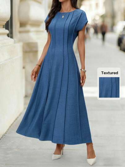 Editum 女士优雅连帽收腰短袖蓝色长连衣裙，适合休闲、通勤、早春穿着