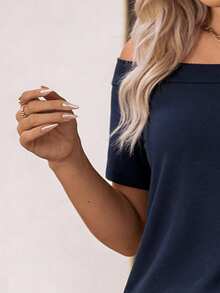 EMERY ROSE New Fashion Casual One-Shoulder Short Sleeve Plus Size T-Shirt, Blue - Blue - View 3