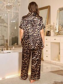 MuseNap CURVE 加大码豹纹仿丝口袋心形领开衫睡衣套装 - 彩色 - 查看 2