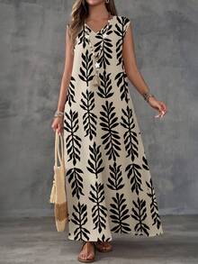 EMERY ROSE 休闲度假风杏色底黑色树叶印花女式连衣裙，适合度假穿着 - 彩色 - 查看 6