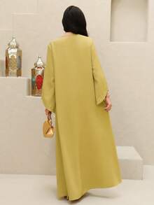 Yasmyna 女士纯色扭结镂空V领长袖土耳其长裙和阿拉伯传统罩袍 - 黃色 - 查看 7